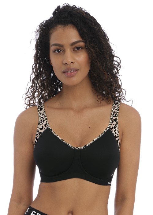 Freya Active Sonic Underwired Moulded Spacer Sports Bra (pure leopard black, front) at Under Wraps Lingerie