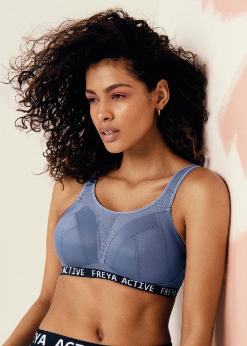 Freya Active Dynamic Non-Wired Sports Bra (denim blue, close up) at Under Wraps Lingerie