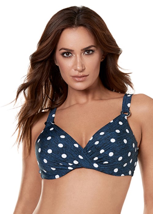 Miraclesuit Equinox Plunge Bikini Top (midnight navy, close up) at Under Wraps Lingerie