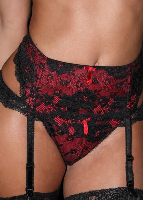 Pour Moi Amour Suspender (black/scarlet red, close up) at Under Wraps Lingerie