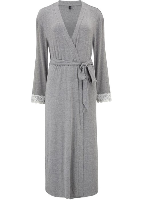 Pour Moi Sofa Loves Lace Longline Soft Jersey Gown (dove grey/ivory, close up) at Under Wraps Lingerie