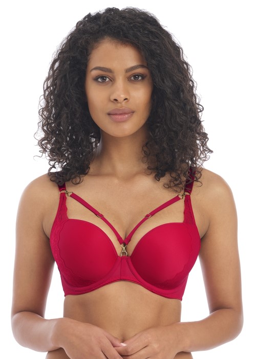 Freya Temptress Moulded Plunge T-Shirt Bra (cherry red, close up) at Under Wraps Lingerie