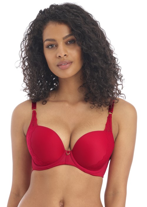Freya Temptress Moulded Plunge T-Shirt Bra (cherry red, close up 2) at Under Wraps Lingerie