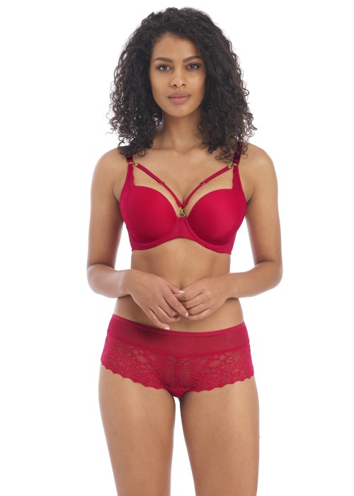 Freya Temptress Moulded Plunge T-Shirt Bra (cherry red, front) at Under Wraps Lingerie