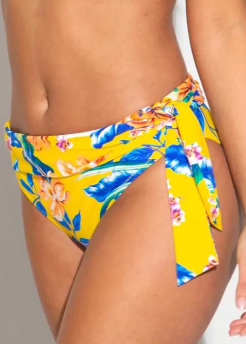 Pour Moi Heatwave Fold Over Tie Bikini Brief (malibu yellow, side) at Under Wraps Lingerie